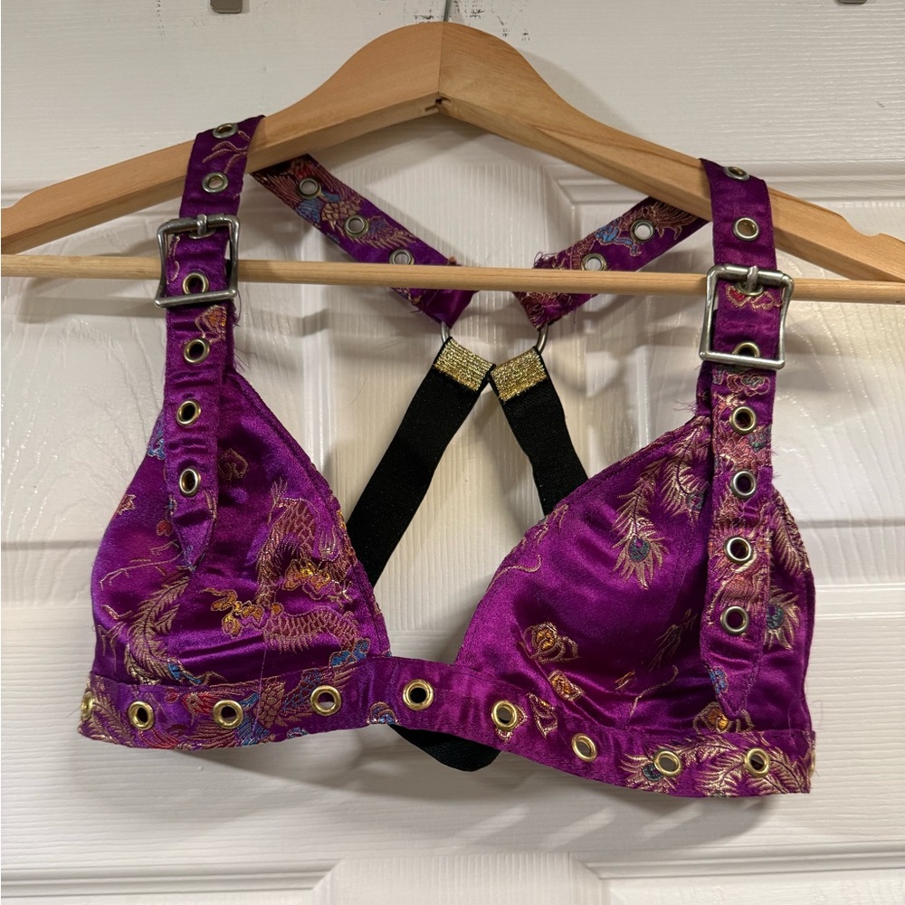 Purple Silk Dragon Embroidered Women's Harness Bralette